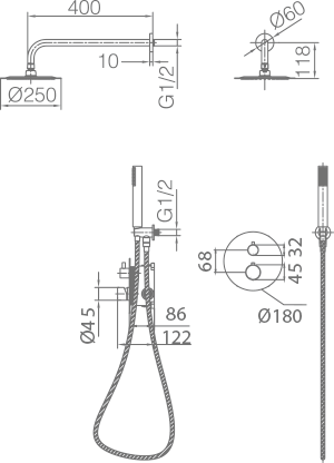 Смеситель для душа термостатический скрытого монтажа готовый комплект верхний душ ø25cm imex genova gtg053/oc brushed gold pvd