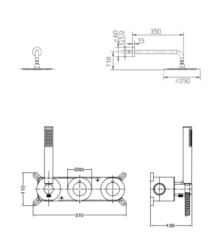 Смеситель для душа термостатический скрытого монтажа готовый комплект верхний душ ø25cm imex assen gta052/orc brushed rose gold pvd