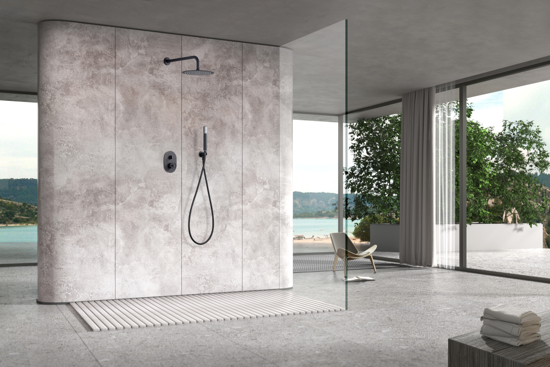 Смеситель для душа скрытого монтажа готовый комплект верхний душ ø25cм imex olimpo gpc033/ng matt black