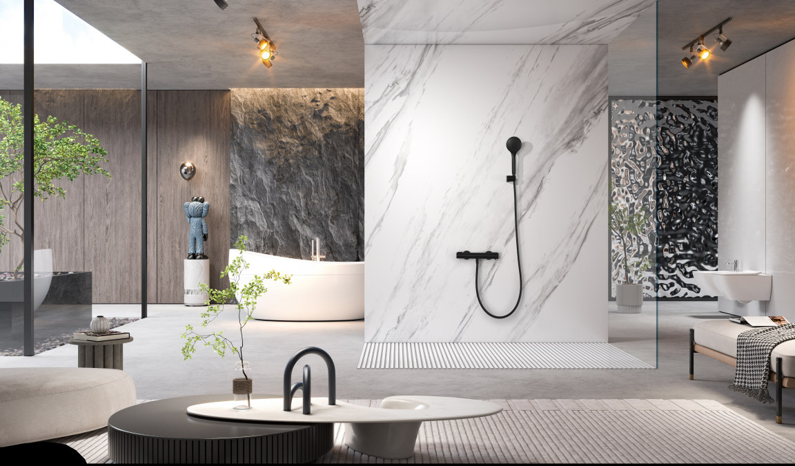 Смеситель для душа термостатический настенный с душевым набором imex kent btk017-5eco/ng matt black