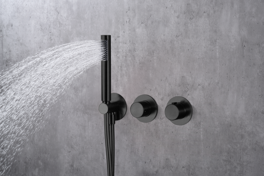 Смеситель для душа термостатический скрытого монтажа готовый комплект верхний душ ø25cm imex assen gta052/ng matt black