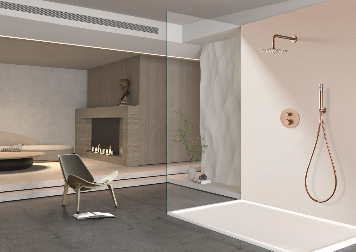 Смеситель для душа термостатический скрытого монтажа готовый комплект верхний душ ø25cm imex line gtd038/orc brushed rose gold pvd