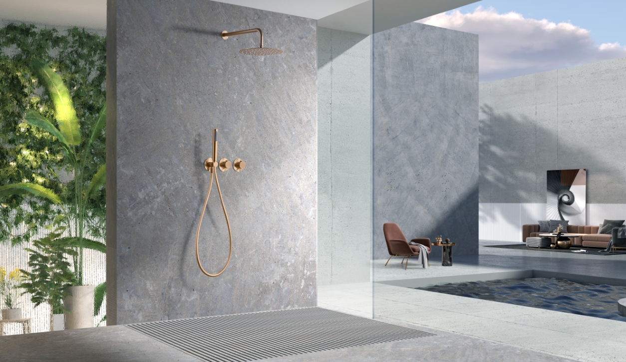 Смеситель для душа термостатический скрытого монтажа готовый комплект верхний душ ø25cm imex assen gta052/orc brushed rose gold pvd