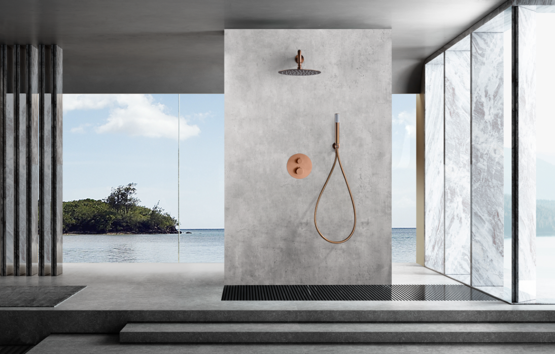 Смеситель для душа термостатический скрытого монтажа готовый комплект верхний душ ø25cm imex genova gtg053/orc brushed rose gold pvd