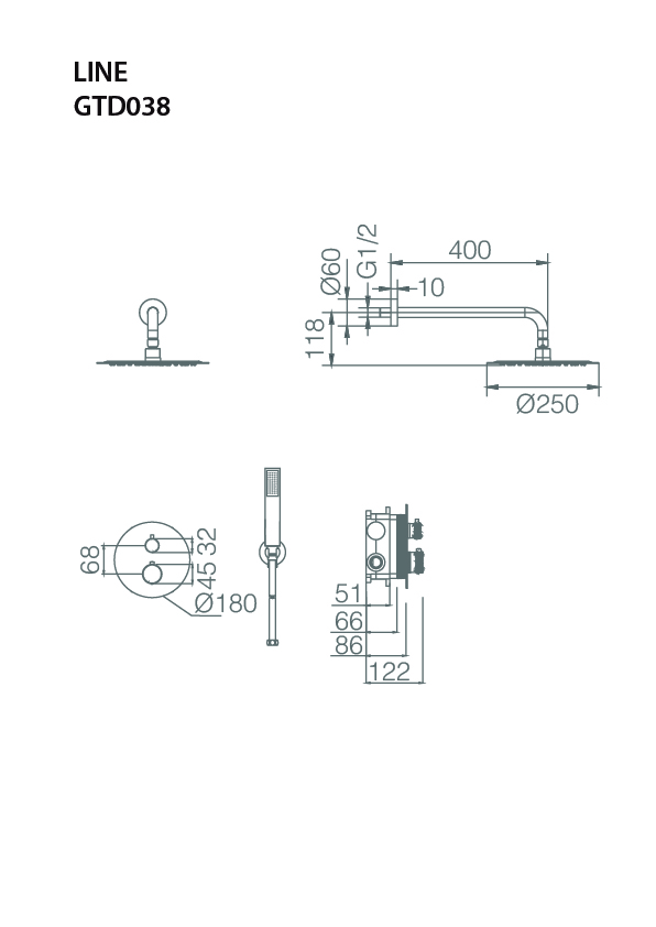Смеситель для душа термостатический скрытого монтажа готовый комплект верхний душ ø25cm imex line gtd038/orc brushed rose gold pvd