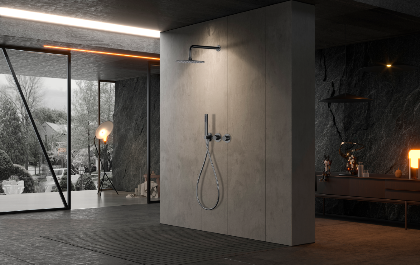 Смеситель для душа термостатический скрытого монтажа готовый комплект верхний душ ø25cm imex assen gta052/bgm black gun metal pvd