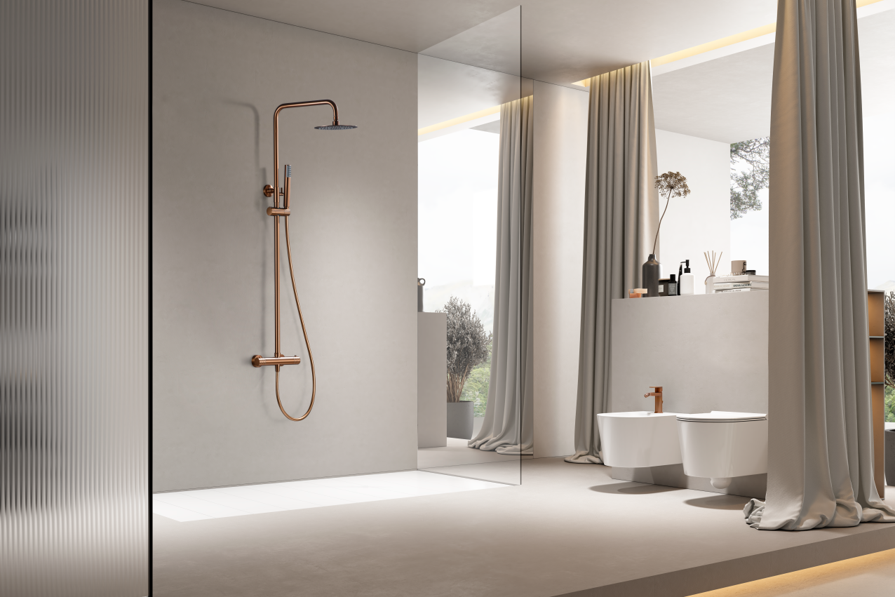 Душевая система термостатическая с верхним душем и лейкой imex genova btg053/orc brushed rose gold pvd