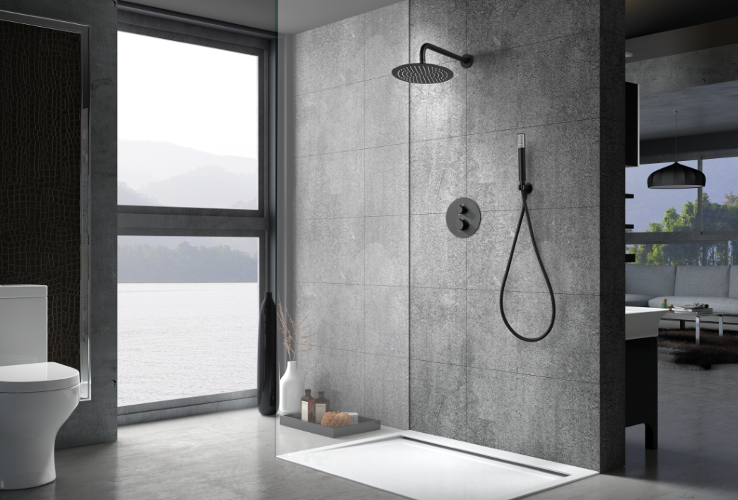 Смеситель для душа термостатический скрытого монтажа готовый комплект верхний душ ø25cm imex genova gtg053/ng matt black