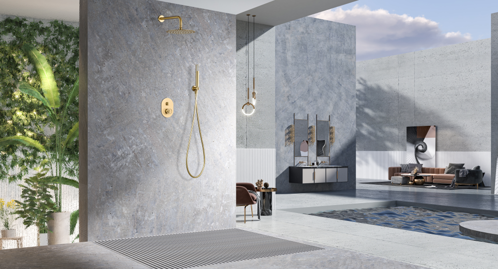 Смеситель для душа скрытого монтажа готовый комплект верхний душ ø25cм imex olimpo gpc033/oc brushed gold pvd