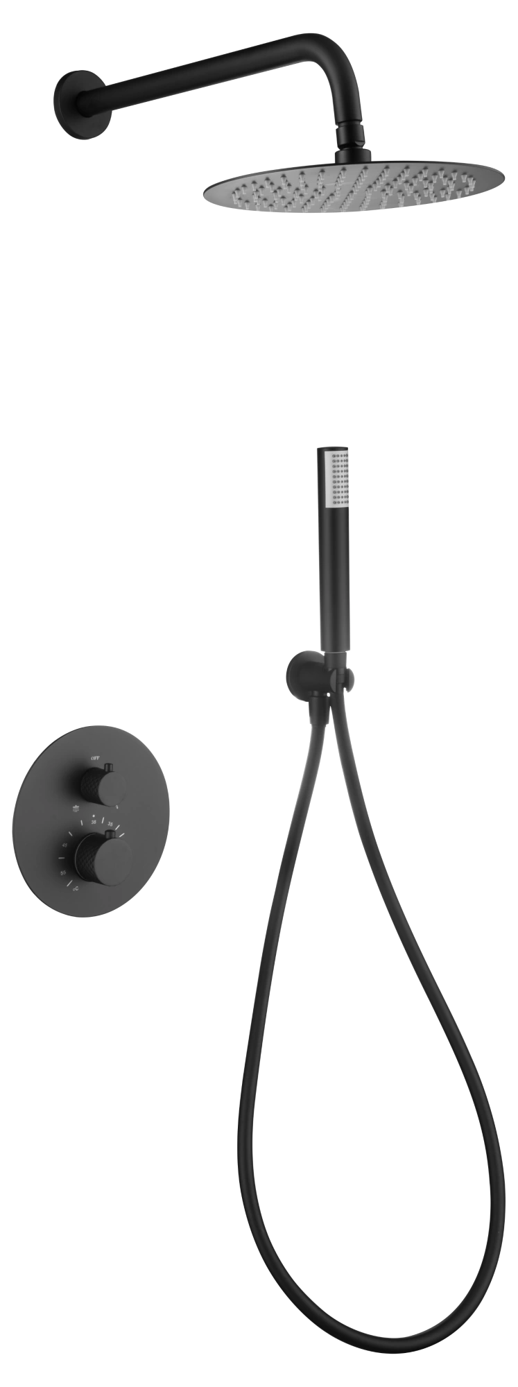 Смеситель для душа термостатический скрытого монтажа готовый комплект верхний душ ø25cm imex genova gtg053/ng matt black